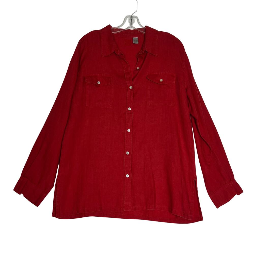 Lino by Chicos Long Sleeve Linen Button Up Shirt Red Womens 2 Medium